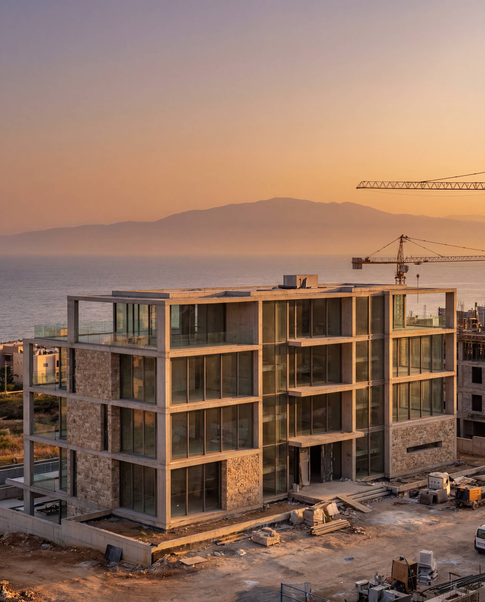 Architectural stone, glass, and metal handrail detail in Tripoli, Lebanon